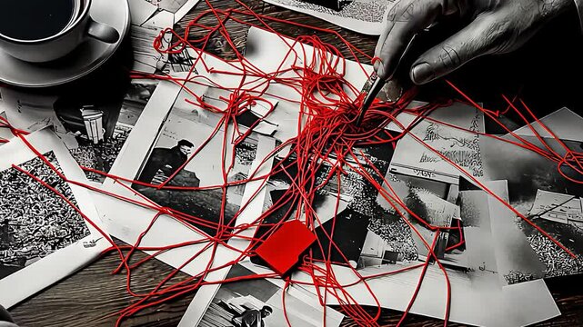 Mysterious Investigation with Red String Tied to Photos, Evidence and Clues on a Desk

