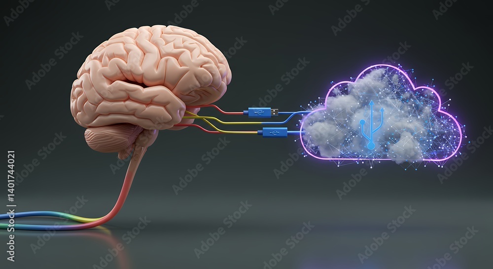 Poster brain connected to the cloud through usb cables illustrating data transfer, artificial intelligence 