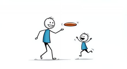 Playful Stick Figure Father and Child Playing Frisbee