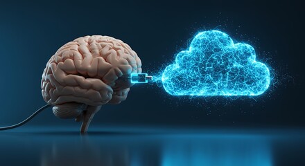 Brain Connecting to Cloud Computing Network for Data Transfer and Artificial Intelligence Development Demonstrating Modern Digital Technology