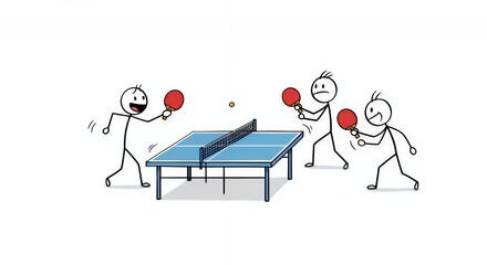 Playful Stick Figure Table Tennis Match Illustration
