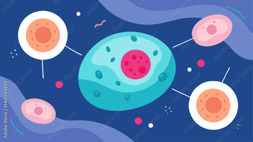 Poster microscope view an illustration of a magnified view of skin cells with exosomes interacting with the