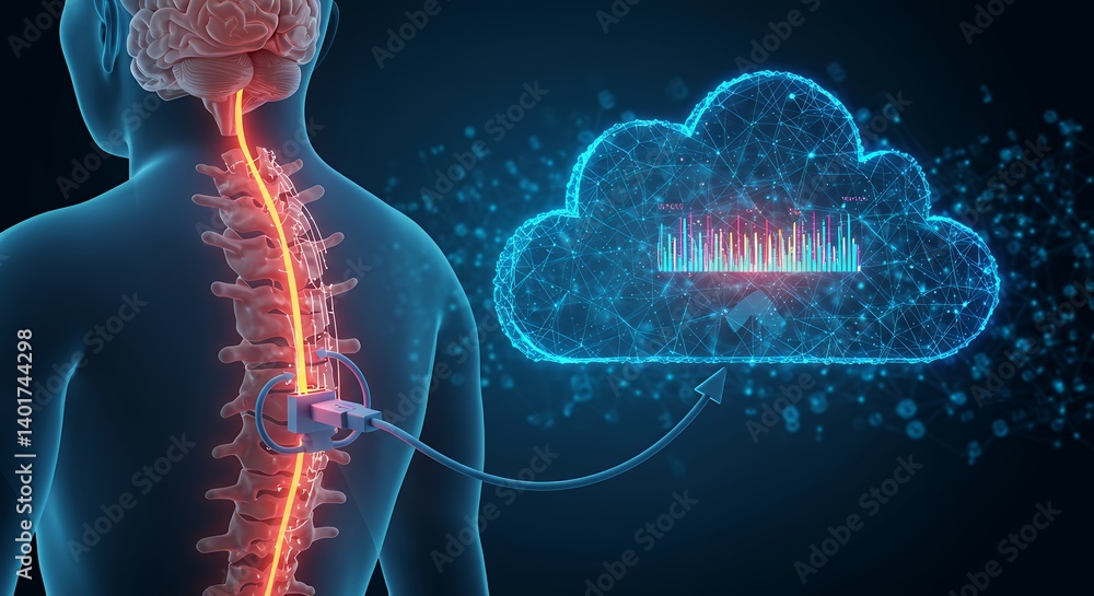 Poster brain spinal cord connection to cloud data featuring medical technology interface for neural data an