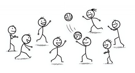Playful Stick Figures Playing Volleyball on White Background