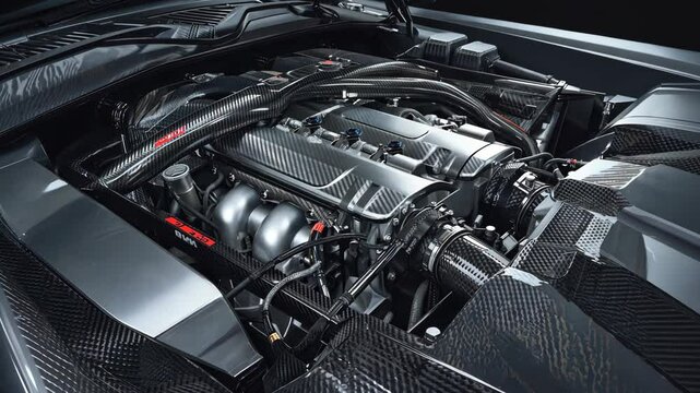 Exotic sports car engine with carbon fiber components showcases power, performance, and modern design, emphasizing meticulous engineering.