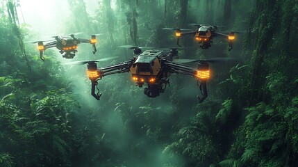 AI wildlife conservation drones tagging endangered species with glowing biometric trackers in a dense rainforest