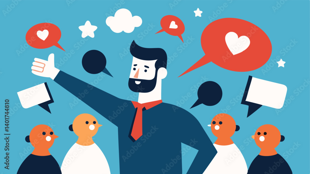 Poster influencer effect an avatar of an influencer with a large following sending out messages. some follo