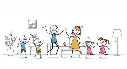 Fototapeta premium Stick Figure Family Dance Party in White Living Room