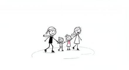 Stick Figure Family Ice Skating on White Background