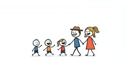 Stick Figure Family Walking on White Background