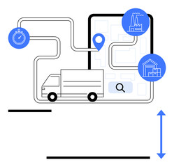 Truck following a mapped route with pin location, stopwatch, factory, and warehouse icons. Navigation, logistics, shipping, delivery process, supply chain management time efficiency flat simple