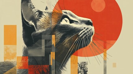 Pop Art Cat Portrait with Red Sun and Shapes