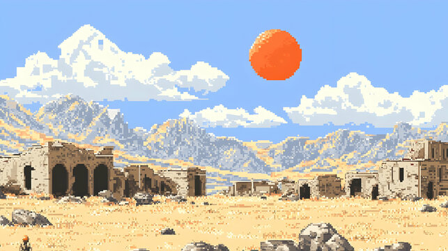 Vast Desert Landscape with Ancient Ruins and a Bright Orange Sun in a Pixel Art Style Clear Blue Sky Above