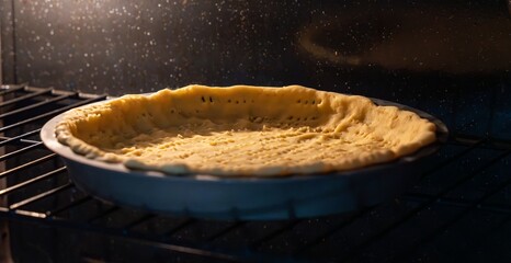 Raw pie crust in a metal pan inside the oven, docked with fork marks to prevent puffing during baking
