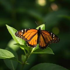 Fototapeta premium Monarch Butterfly on Green Leaf. (2)