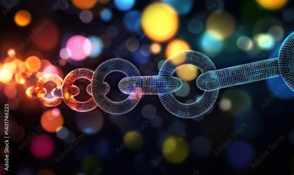 Poster colorful chain links in a digital style with bright bokeh background
