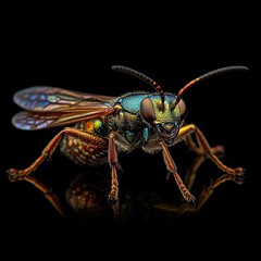 Fototapeta premium Jewel Wasp face Close-Up – Iridescent Macro Detail on Black Background | Dark Insect Portraits