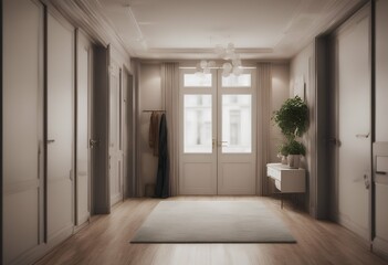 Fototapeta premium apartment illustration entrance 3d wardrobe front view hall wooden architecture new indoor interior parquet empty design open space floor room door modern office inside wood nobody light outline home