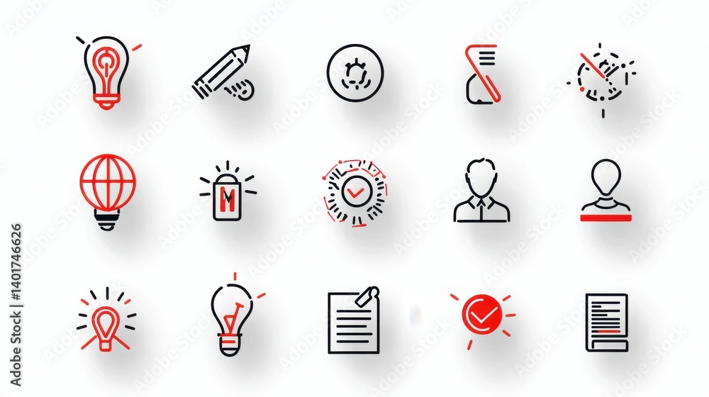 Poster this image showcases a collection of 15 sleek and minimalist icons in an outline style covering a ra