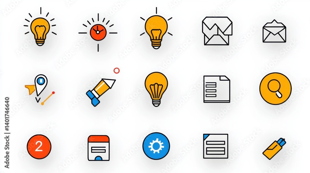 Poster a set of icons in a clean minimalist outline style suitable for use in various digital and software 