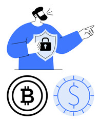 Person holding shield lock icon and pointing, representing security. Bitcoin and dollar coin below. Ideal for finance, cryptocurrency, security, blockchain, fintech savings investment. Flat simple