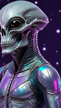 Close-up portrait of a grey humanoid alien creature with large black eyes and detailed armor, against a blurred purple space background.