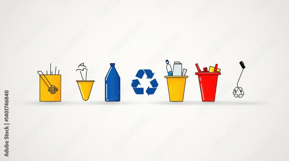 Poster a collection of stylized icons representing different waste management and recycling concepts for us