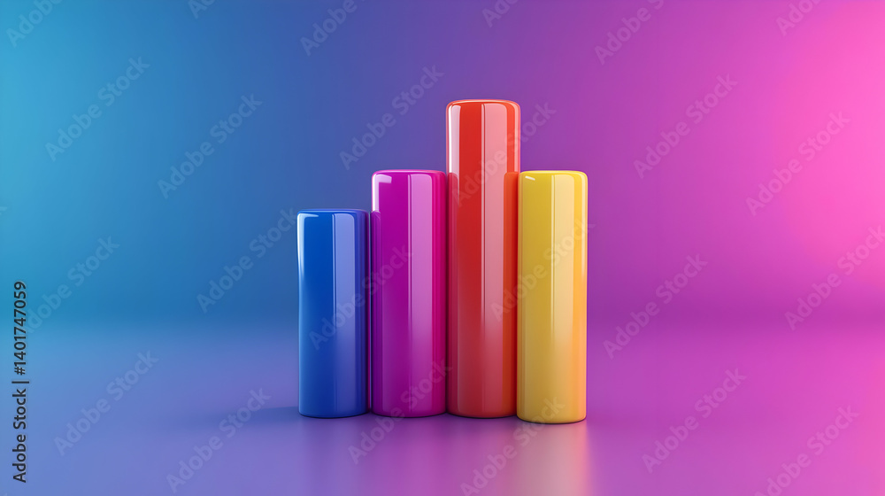 Poster Vibrant Column Graph Displaying Statistical Growth With Blue Pink and Yellow Cylinders on Gradient Background 3D Render