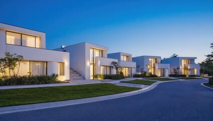 White houses are lined up next to each other in a neighborhood