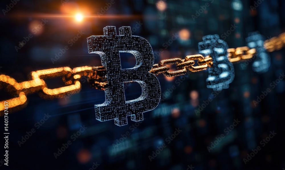 Poster illuminated bitcoin chain in dark digital background