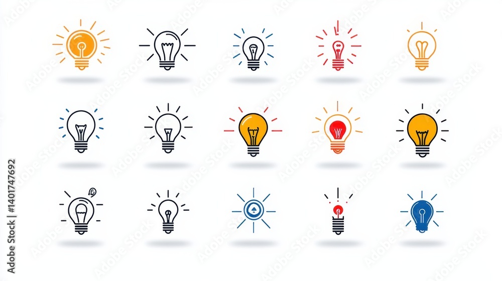 Poster a set of stylized lightbulb icons symbolizing the process of brainstorming problem solving and gener