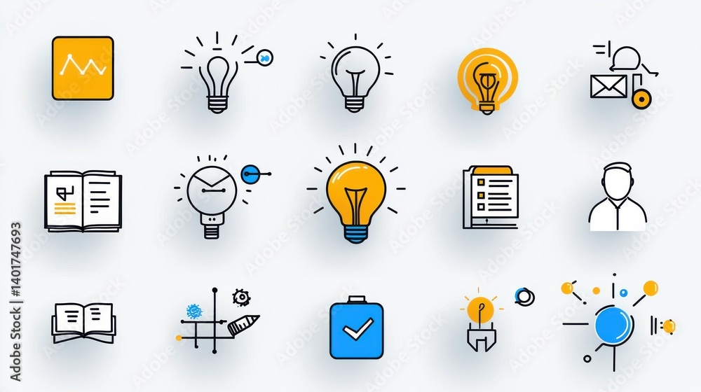 Poster a collection of professional line icons depicting various elements of brainstorming ideation and cre