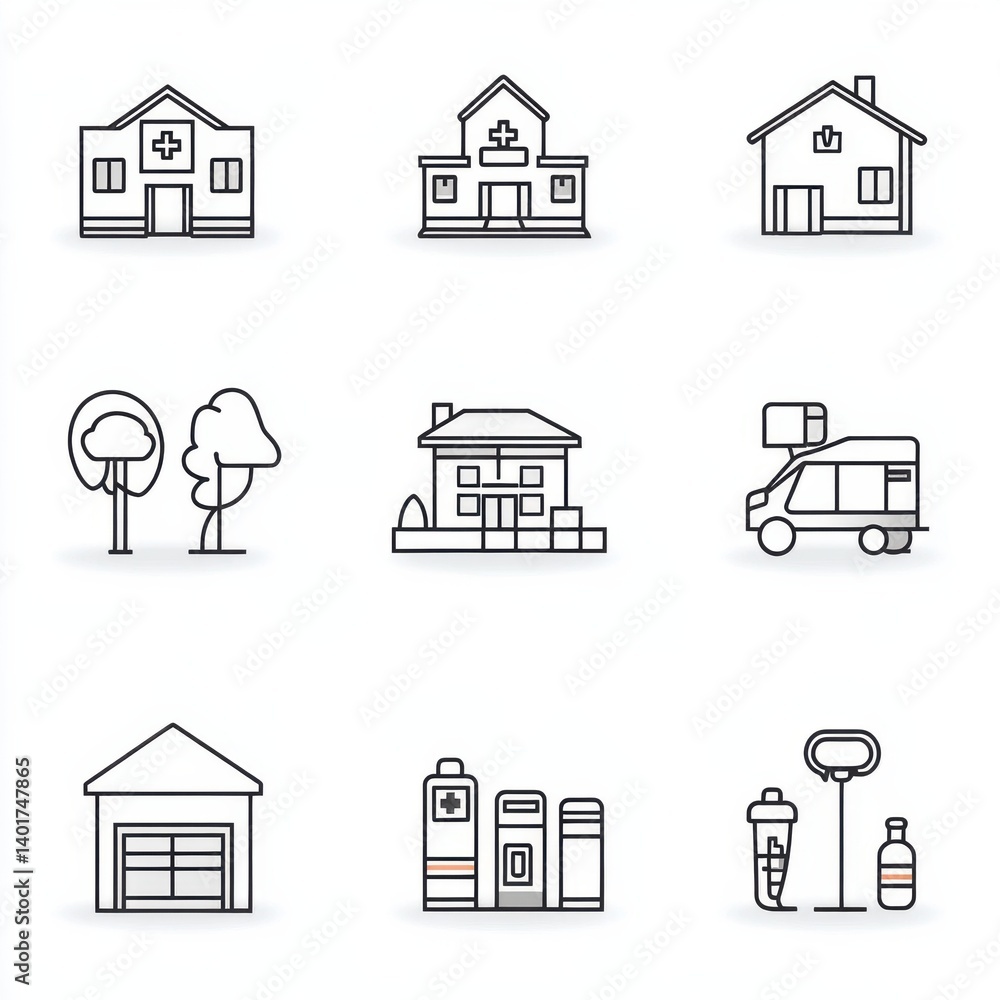 Poster this image depicts a set of abstract outline style icons representing various types of houses and re