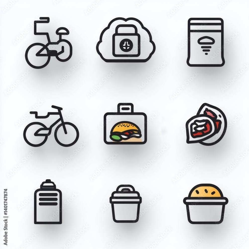 Poster collection of minimalist outline icons representing various elements associated with food delivery s