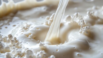 Close-up of creamy milk being poured into a circular pool, creating splashes and bubbles