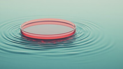 A petri dish floating in tranquil water creates gentle ripples