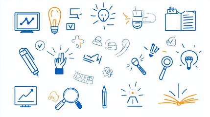A collection of outline style icons representing various design technology and educational concepts including graphs lightbulbs books and analysis tools
