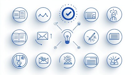 A set of clean and minimalist training related icons displayed in an elegant outline design conveying a sense of organization efficiency and progress