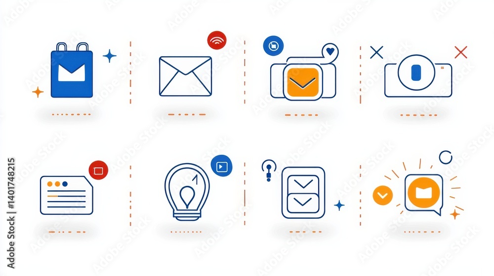 Poster a set of clean minimalist icons representing various aspects of customer communication including ema