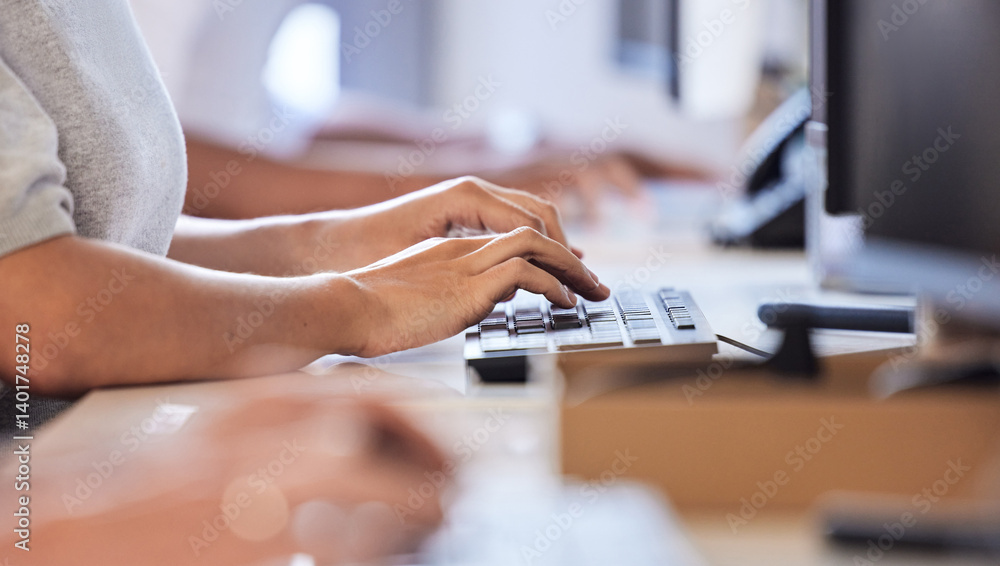 Poster office, hands and person typing on computer for online research, review or report at desk. technolog