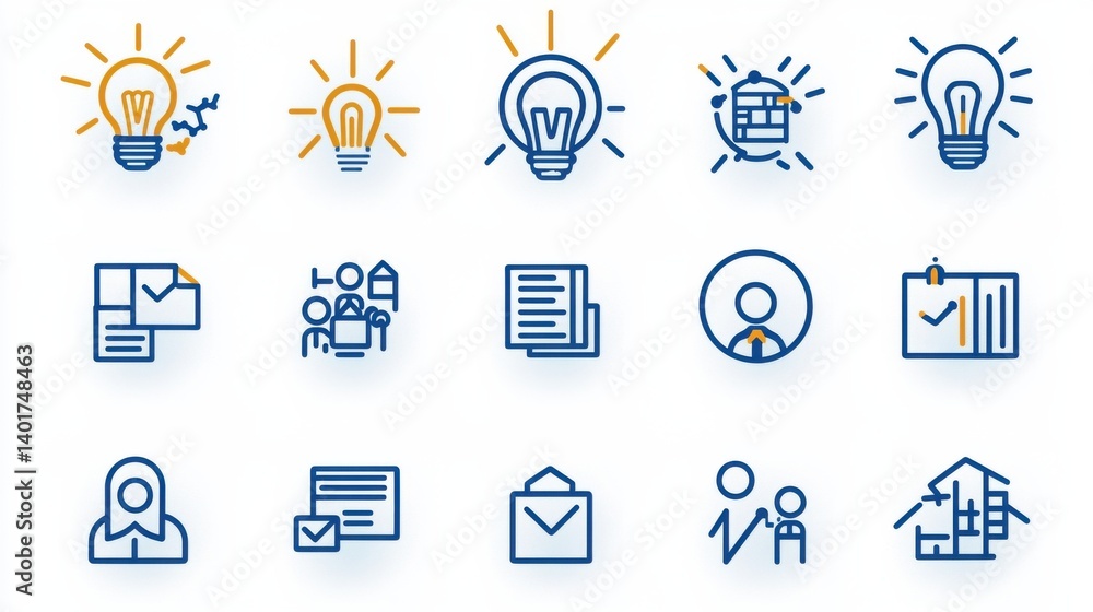 Poster a collection of clean and visually appealing line icons representing different aspects of innovation