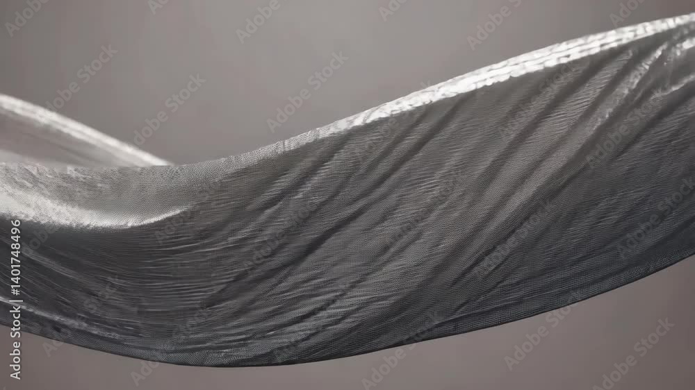 Poster wavy silvery fabric with a intricate detailed structure suspended against a soft background, highlig