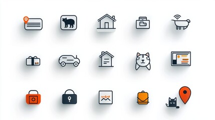This image showcases a collection of sleek and minimalist line icons representing a diverse range of objects from everyday items like houses and vehicles to digital and technological symbols