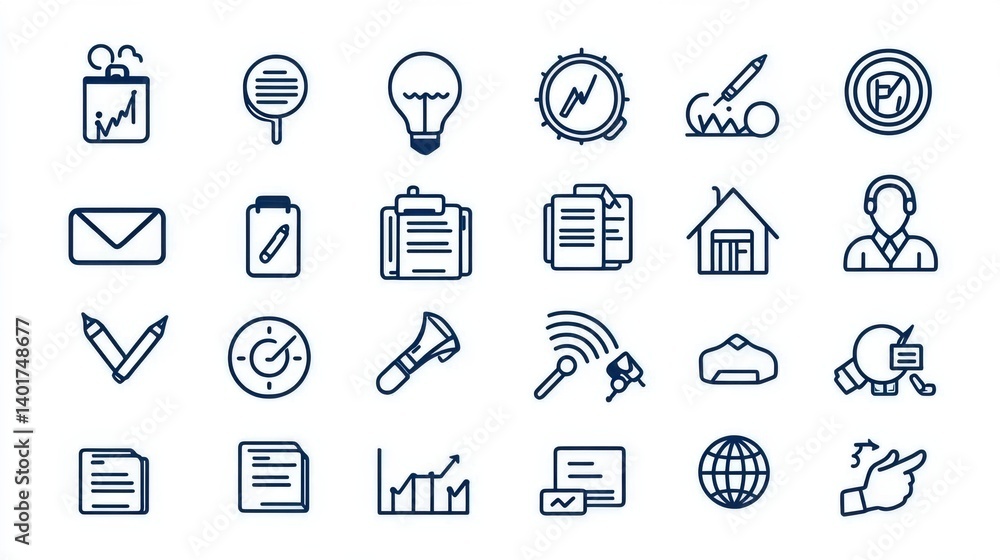 Poster set of outline icons illustrating various aspects of corporate business strategy data analytics repo