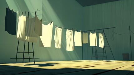 Sunlight streaming through a room with hanging laundry, creating a serene atmosphere