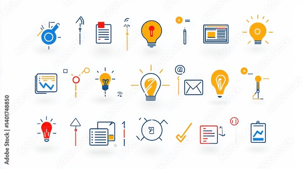 Poster a comprehensive set of professional looking outline icons that focus on various aspects of data anal