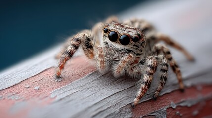 Obraz premium Detailed Close-Up of a Jumping Spider on a Colorful Surface