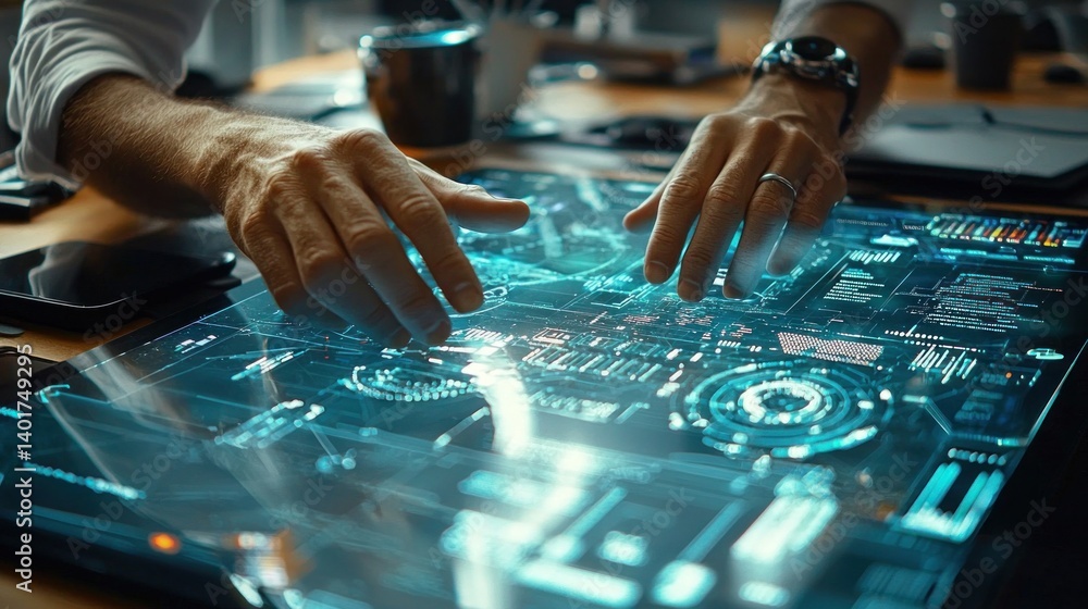 Poster hands interacting with futuristic transparent touchscreen display