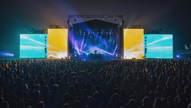 An Exciting and Vibrant Music Festival Held Under the Wide Night Sky with Large Screens