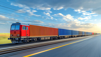Obraz premium Long freight train with colorful shipping containers speeds across railway under a bright cloudy sky.